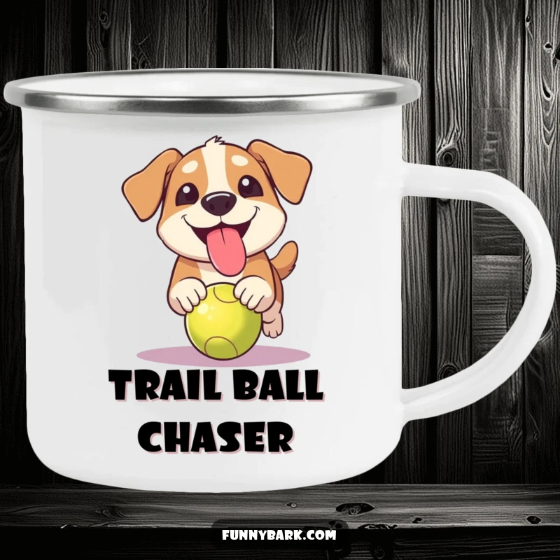 Funny grinning dog camping mug with tongue out, showing a dog chasing a ball, ready for outdoor enjoyment.