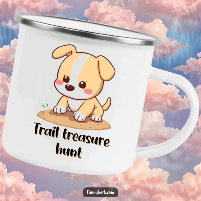 Funny dog camping mug showing a happy dog digging at a campsite, ready for outdoor adventures with a smile.