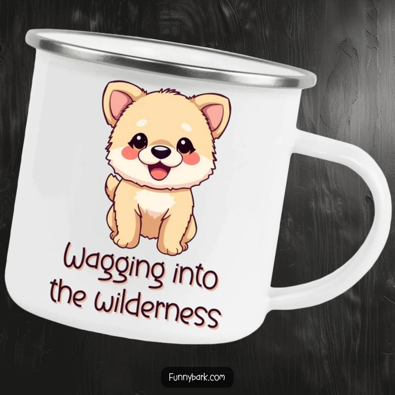 Funny Dog Camping Mug: A fuzzy dog character with its tail wagging enthusiastically and a wide smile, ideal for outdoor enthusiasts and dog lovers.
