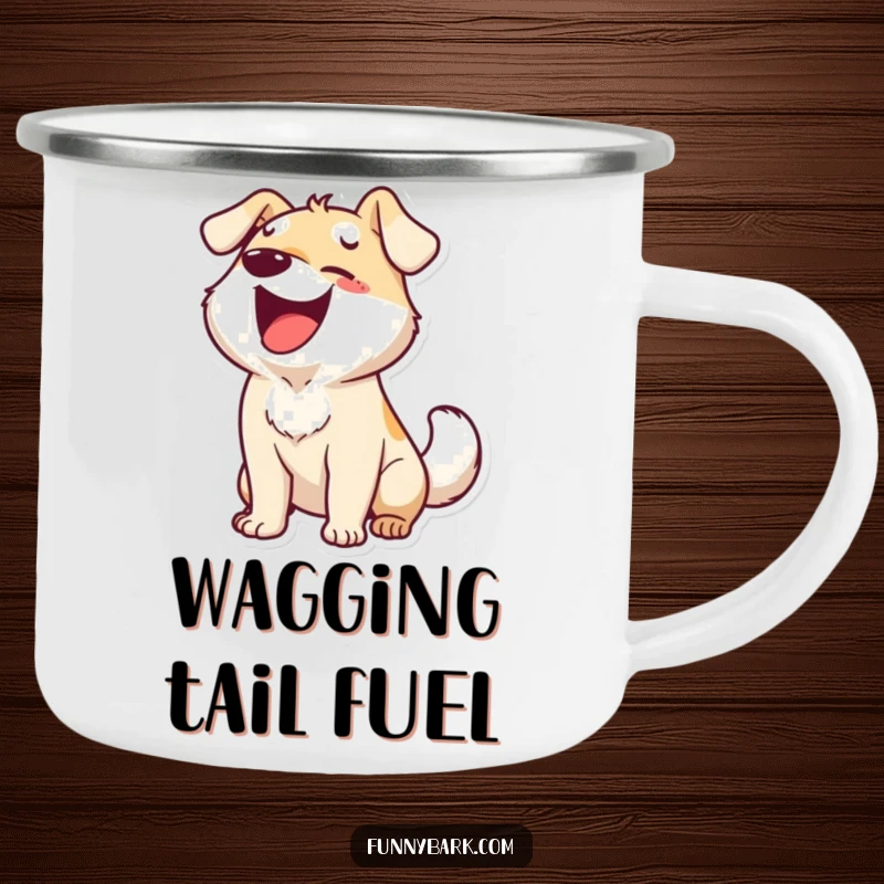 Funny camping mug with a dog character barking ecstatically and wagging its tail, perfect for humorous enjoyment during outdoor activities.
