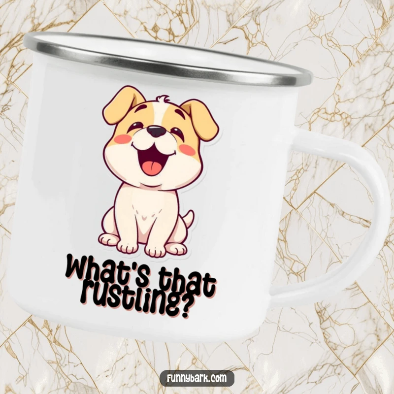 Funny dog with a curious head tilt, gazing thoughtfully, on a rugged camping mug.