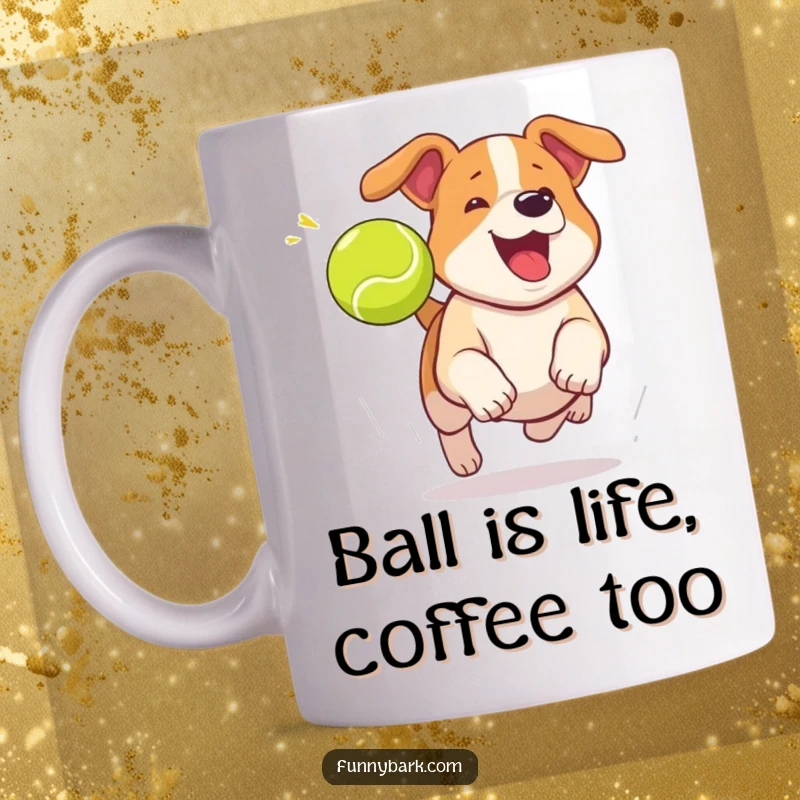 Funny dog mug capturing a dog mid-bark, excitedly chasing a runaway tennis ball with pure focus.