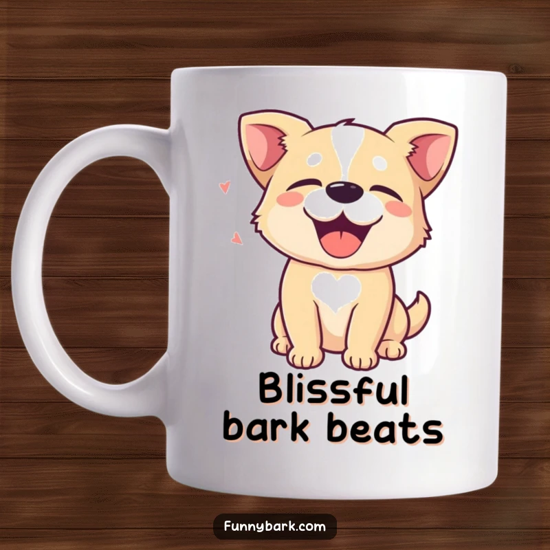 Funny Mug: A dog with eyes closed in delight, surrounded by subtle barking sound waves, conveying pure happiness. Great gift.