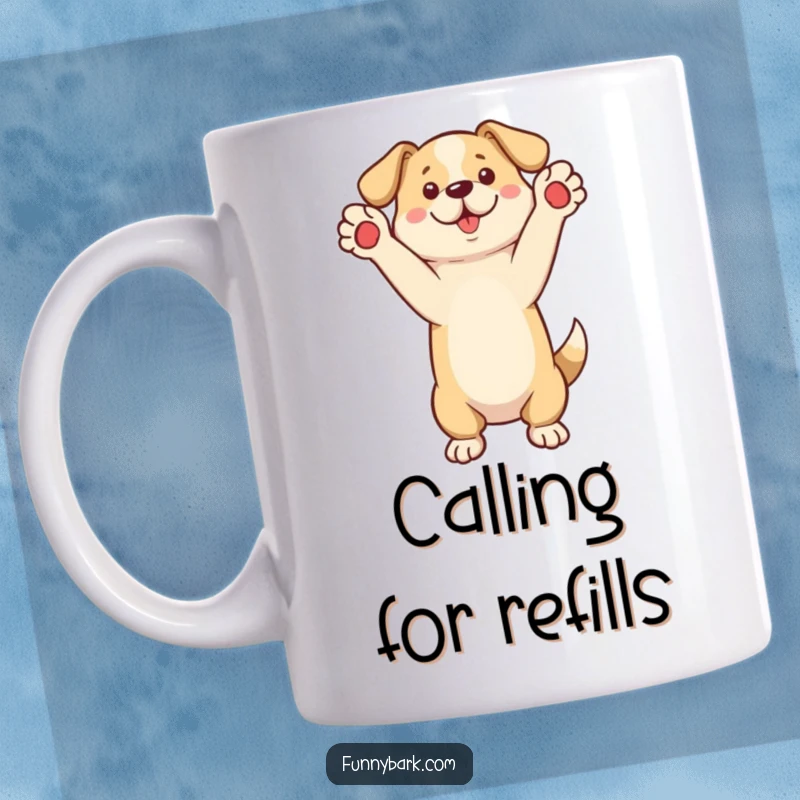 Funny Mug of a dog standing on its hind legs, paws raised, as if enthusiastically calling out.