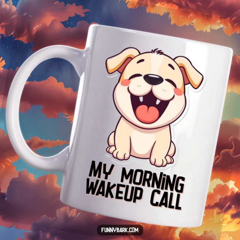 Funny cartoon dog mug featuring a happy dog mid-bark, mouth wide open, radiating pure canine joy and excitement.