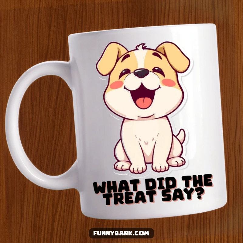 Funny happy dog with head tilted curiously, looking at the viewer, on a charming mug.