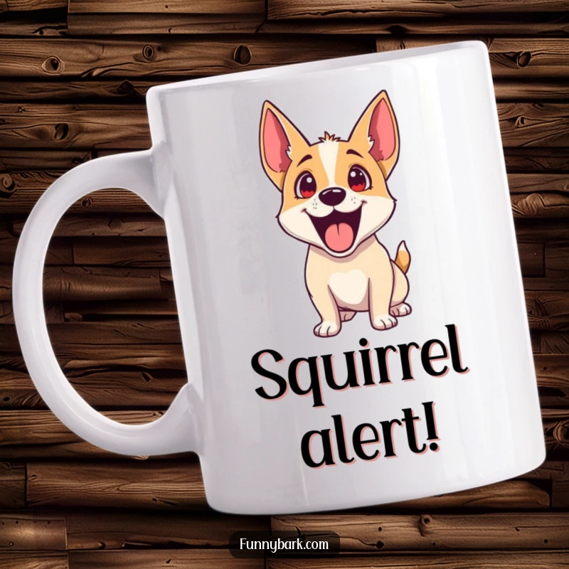 Funny Dog Mug: A dog with its head tilted and ears perked skyward, showing exaggerated excitement and curiosity.