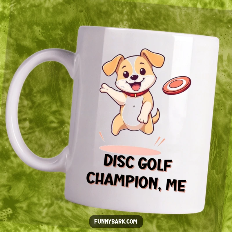 Funny Dog Mug: A bouncing dog character with floppy ears leaps high in the air to catch a flying disc, full of athletic joy.