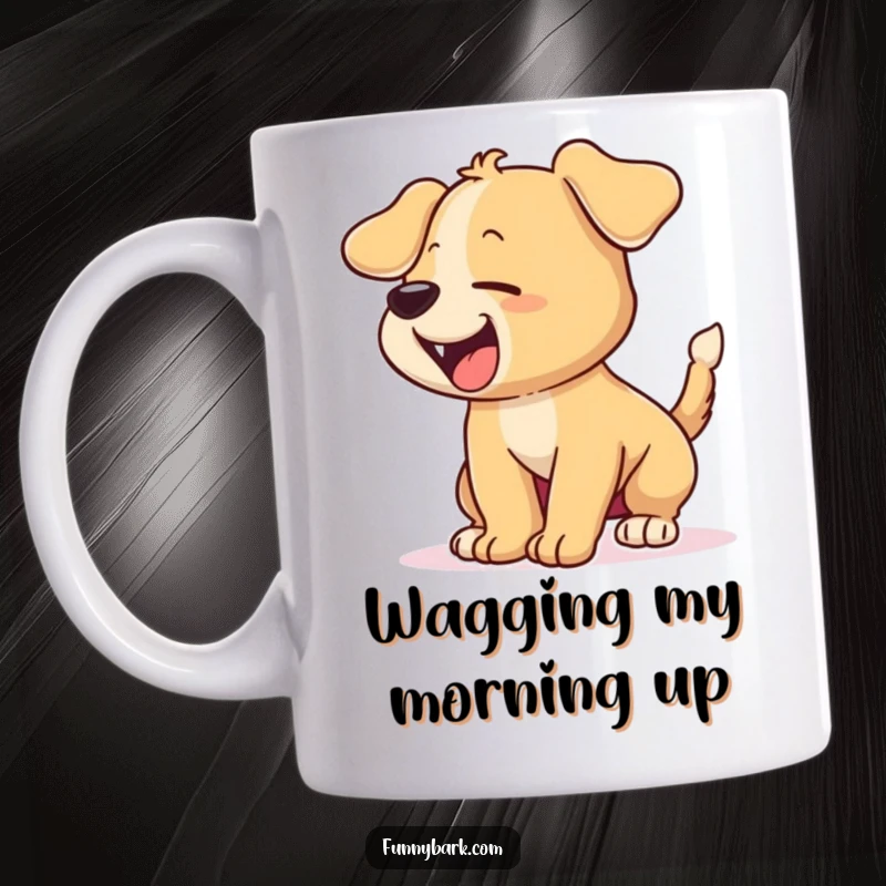 Funny mug depicting an energetic cartoon puppy with its tail blurring from wagging, joyfully barking with excitement.