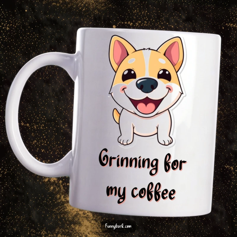 Funny Grinning Dog Mug, shouting greetings with a wide excited smile, radiating pure happiness.