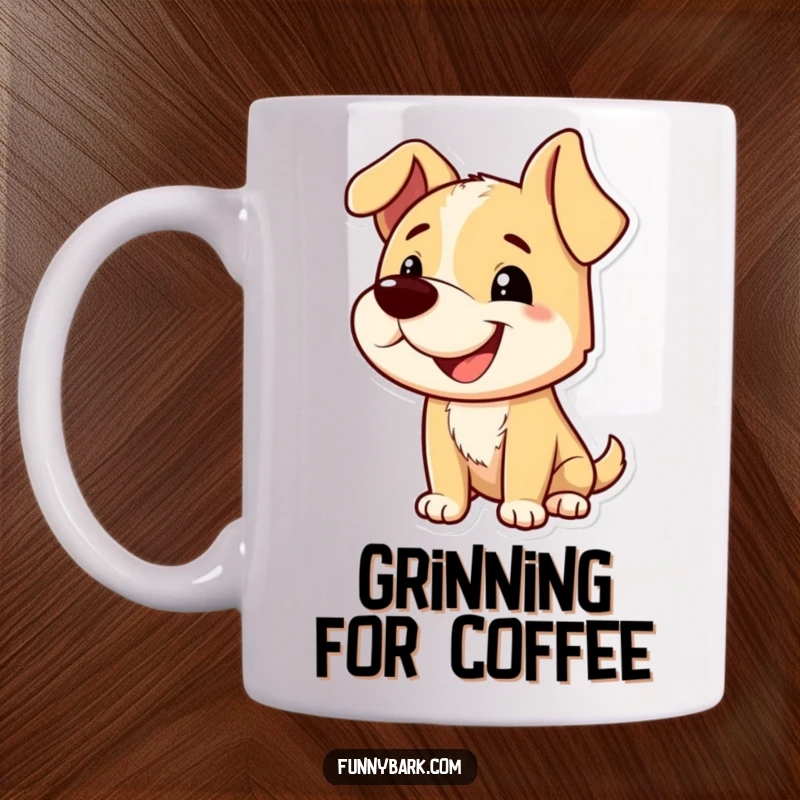 Funny mug with a dog character sporting a playful grin and tilted head, captured mid-bark, radiating curiosity and impish charm.