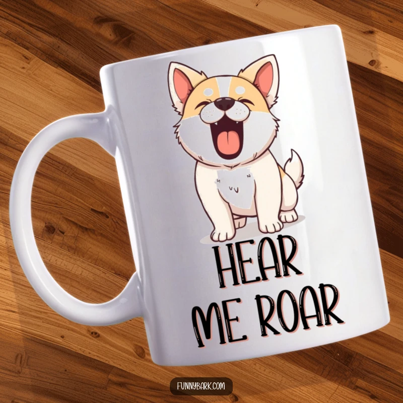 Funny Guard Dog Mug, showing a dog barking loudly with all its might, chest puffed out proudly.