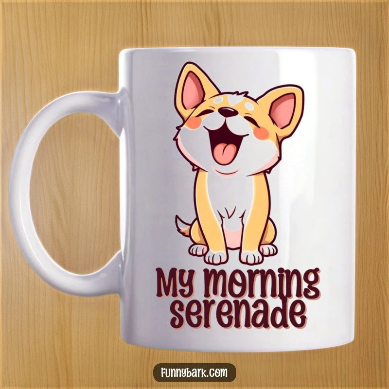 Funny mug depicting a dog character throwing its head back in a joyous, playful howl, expressing pure canine bliss and hilarious energy.