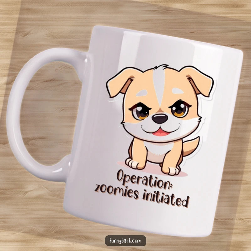 Funny Mischief Dog Mug showing a dog character with a mischievous glint, playfully pouncing forward with excitement.