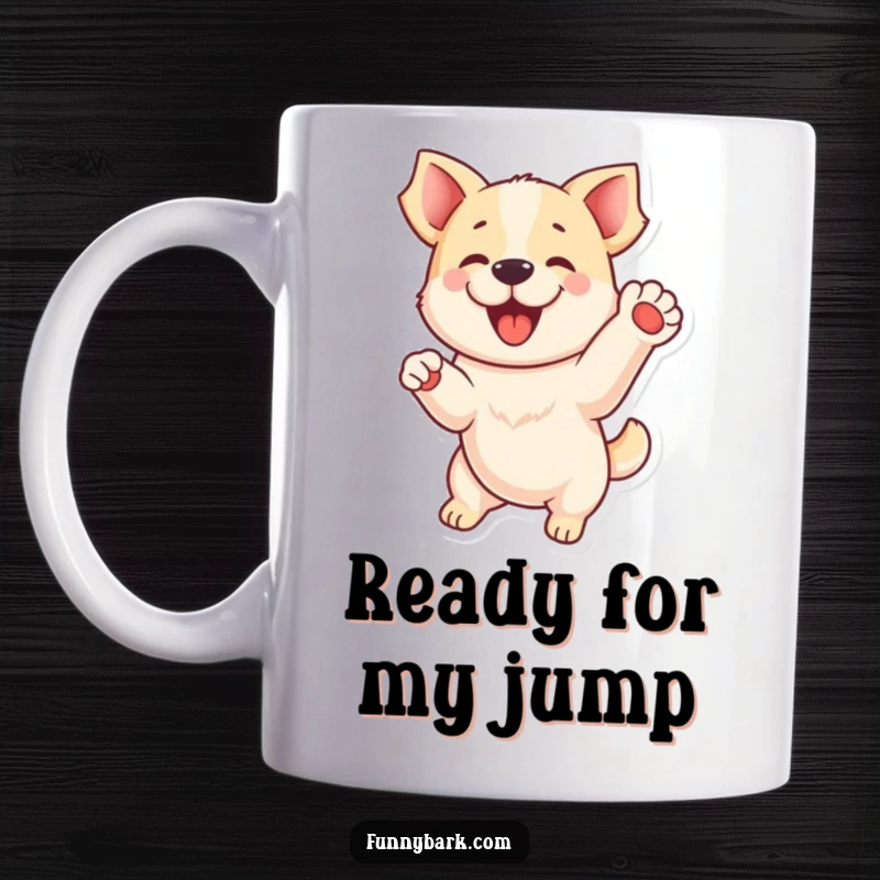Funny mug: A playful dog captured in mid-air, one paw raised in an energetic jumping motion, a joyous gift.