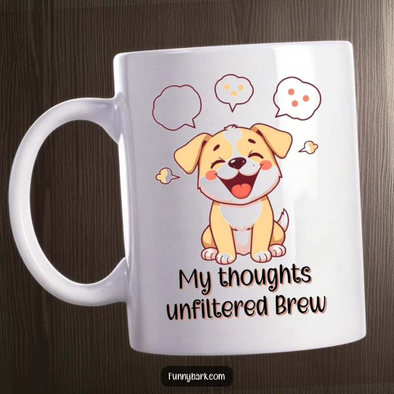 Funny mug featuring a happy cartoon puppy barking loudly, with speech bubbles filled with 'Woof' and 'Arf', ready for a laugh.