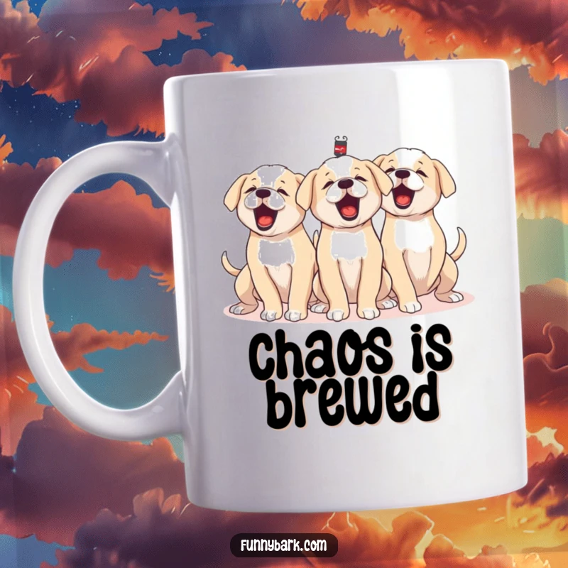Funny mug depicting a group of puppies barking in unison, their tails wagging furiously, celebrating collective canine joy.