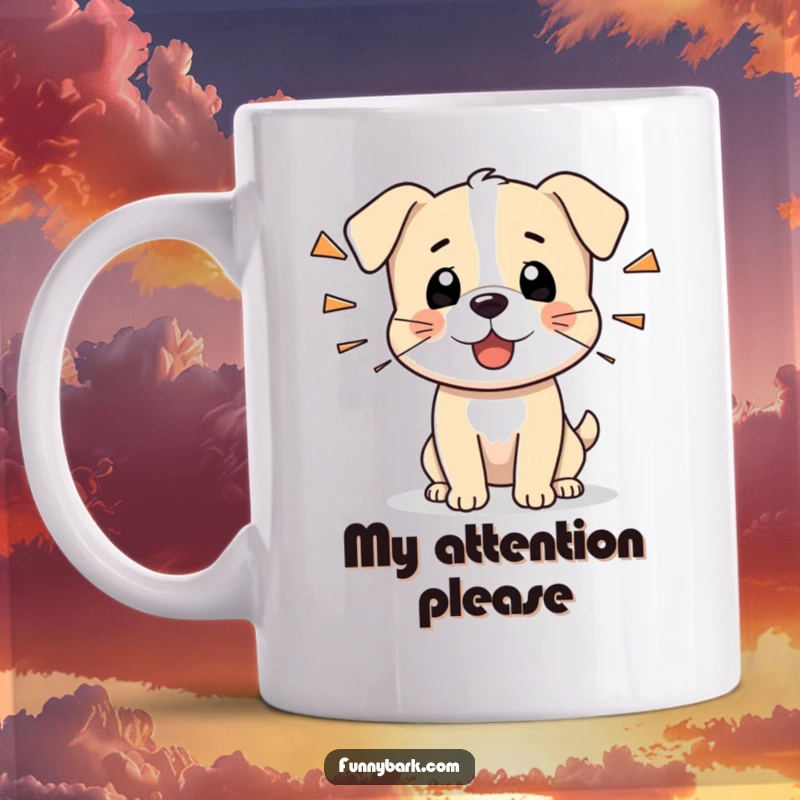 Funny mug featuring a tiny dog character letting out a series of short, sharp barks, signifying alertness and humorous energy.
