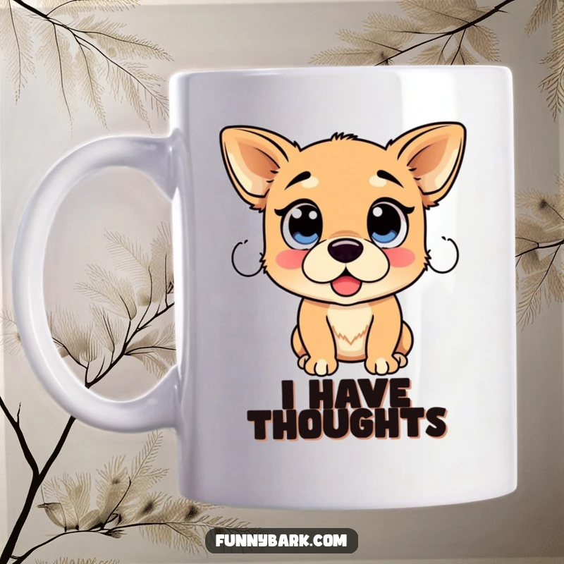 Funny Dog Proclamation Mug: A dog with huge, pleading eyes looks ready to announce something important with sincerity.