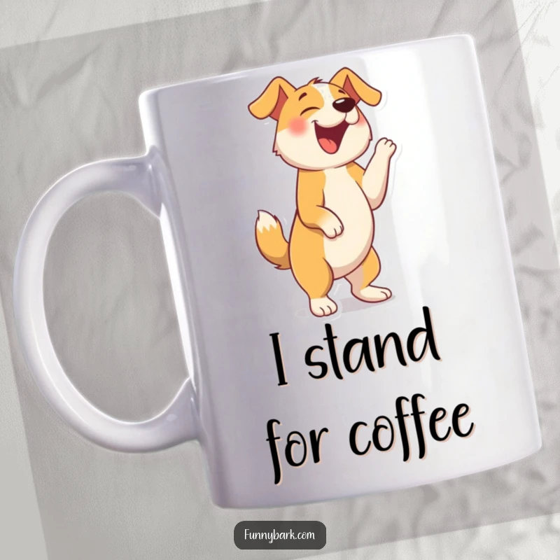 Funny mug showing a dog character standing on hind legs, barking with wild, unrestrained joy in a comical pose.
