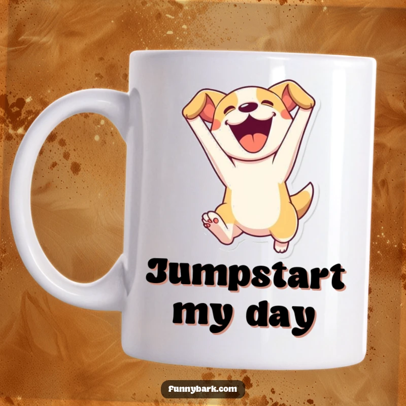 Funny mug depicting a dog character leaping enthusiastically with its mouth wide open, showcasing pure, uninhibited canine excitement and joy.