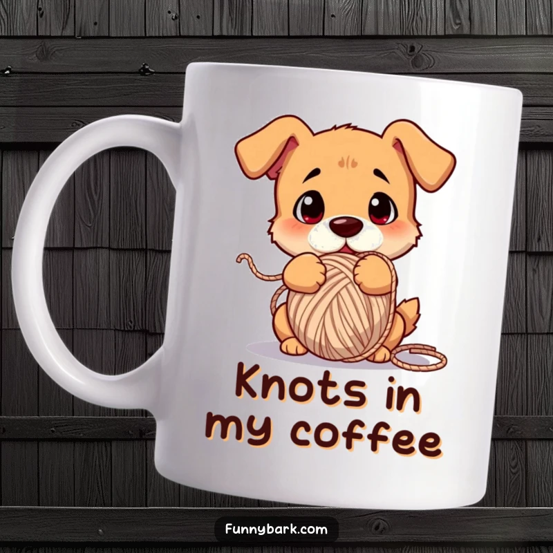 Funny dog mug, comically tangled in a giant ball of colorful yarn, looking utterly confused and bewildered.