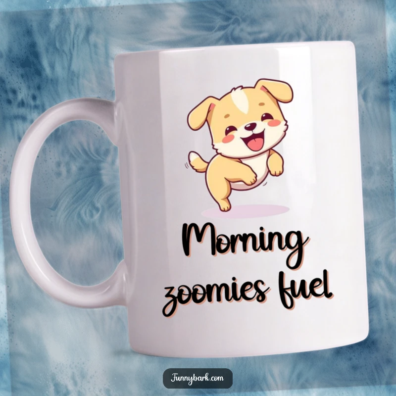 Funny dog mug depicting a small, happy dog character chasing its tail in a dizzy, joyful circle, full of energy.