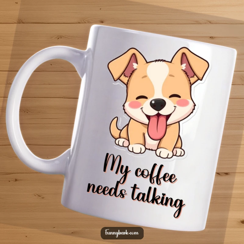 Funny dog mug with perked ears and lolling tongue, caught mid-bark. Captures playful energy and canine excitement.