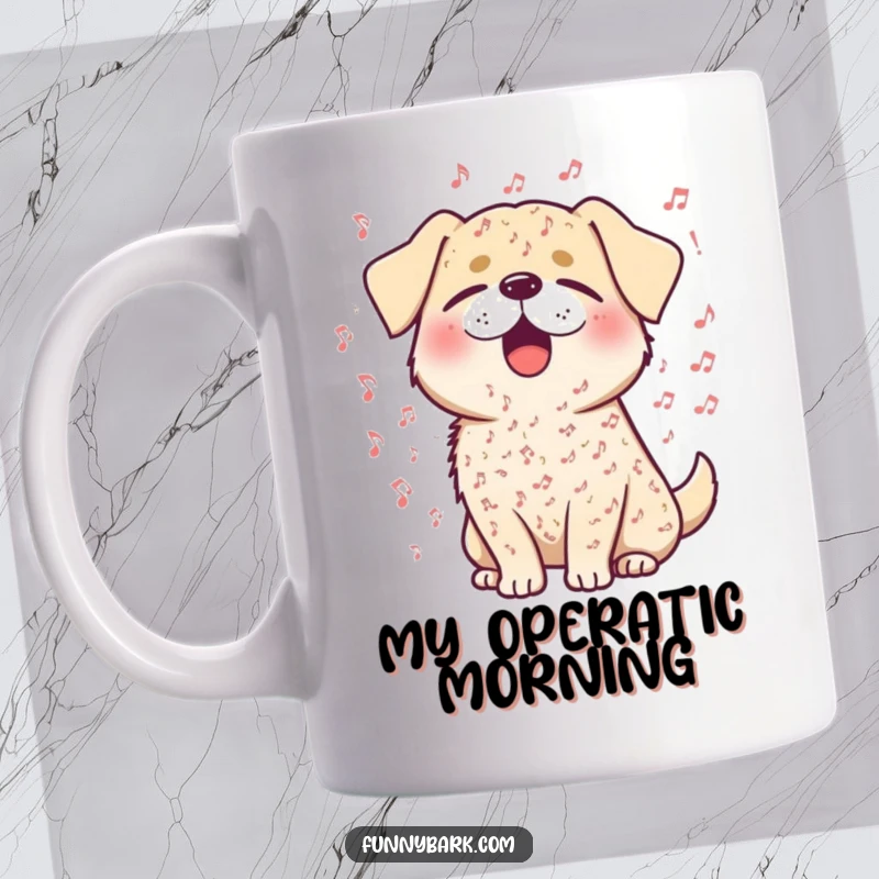 Funny mug showcasing a happy dog with eyes closed, covered in musical notes, singing its heart out with joy.