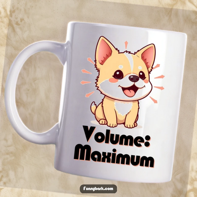 Funny mug of a small dog with its mouth open, emanating vibrant sound waves, symbolizing its energetic bark or yip.