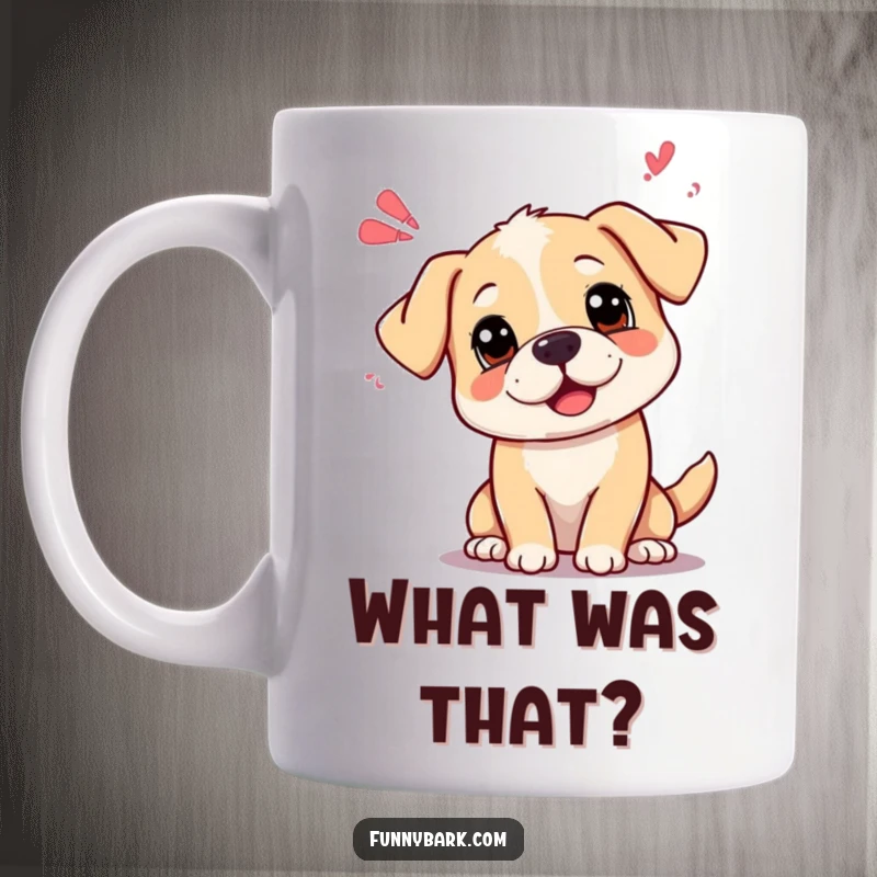 Funny curious dog mug with head tilted, emitting playful sound waves, showing deep thought and canine charm.