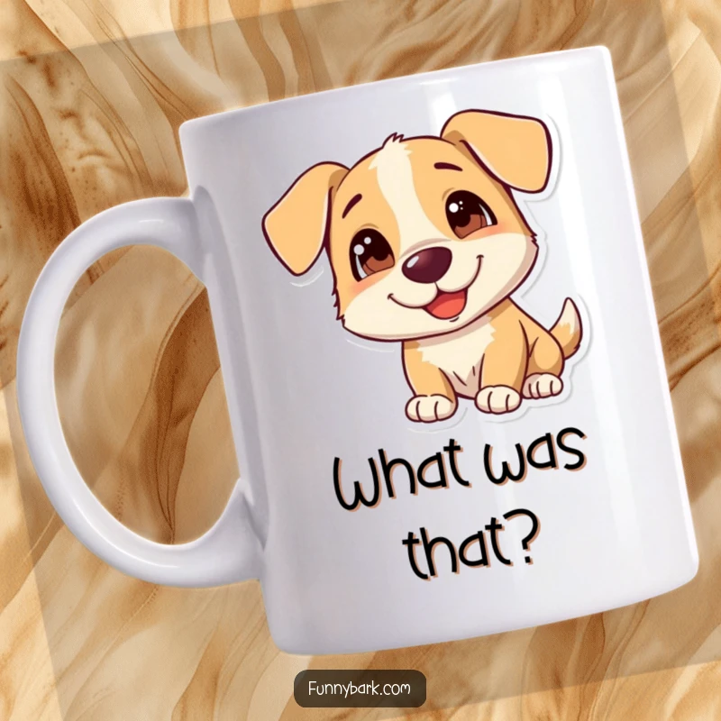 Funny Dog Mug showing a happy dog tilting its head with a curious and endearing expression, perfect for dog enthusiasts.
