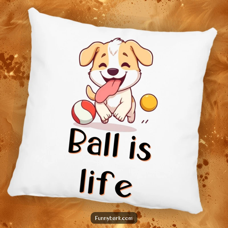 Funny Dog Pillow: A happy dog with its tongue out, eyes on a bouncing ball, ready for playtime, soft and cuddly.