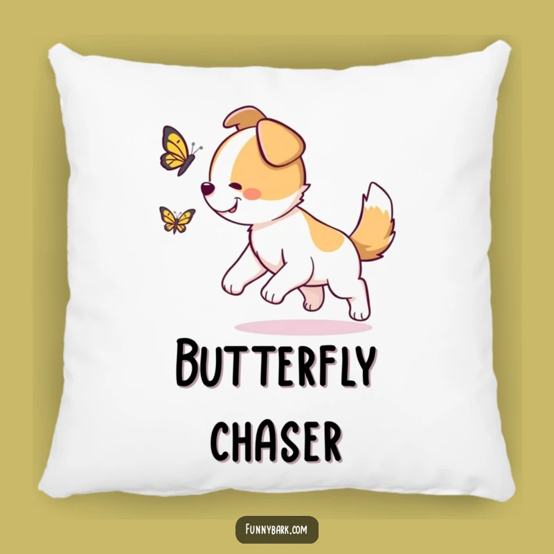 Funny Dog Butterfly Chase Pillow: Cozy Joyful Accent, Adorable Comfort, Perfect Funny Gift
