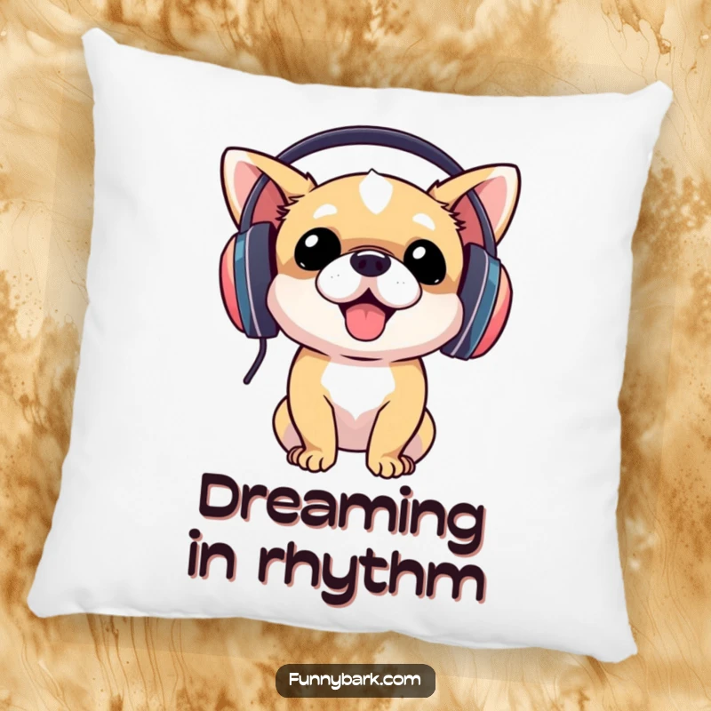 Funny dog in large headphones, head bobbing to music, printed on a soft pillow, a delightful funny gift for home.