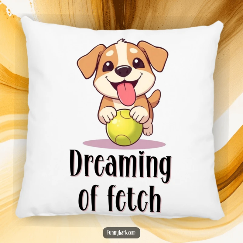 Funny grinning dog pillow with tongue hanging out, depicting a dog focused on chasing a ball with glee.