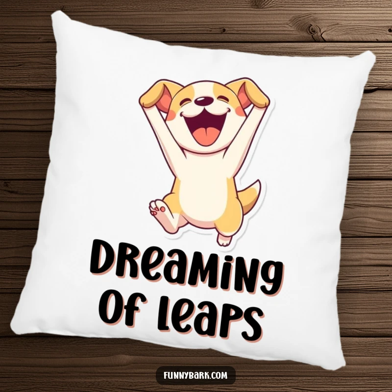 Funny pillow featuring a dog character leaping enthusiastically with its mouth open, offering soft comfort and a dose of comical canine energy.
