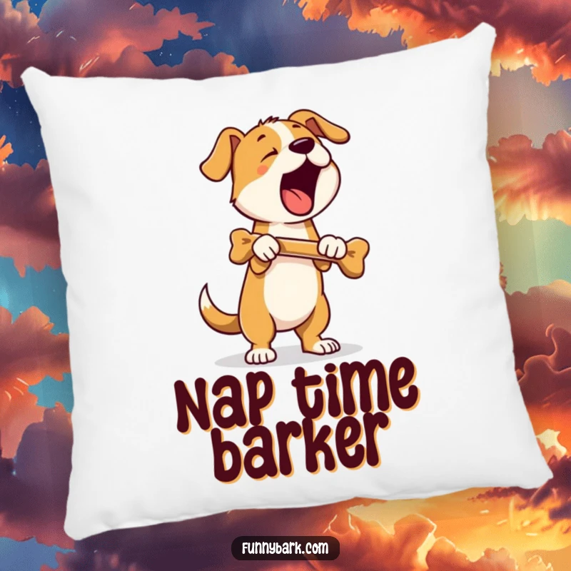 Funny pillow depicting a dog standing on hind legs, holding a bone, and barking; soft and humorous canine art.