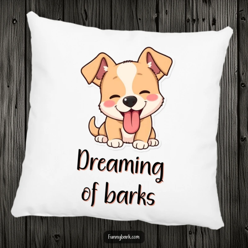 Funny dog barking pillow featuring a cute dog that’s loudly barking with ears perked and tongue out, full of life.