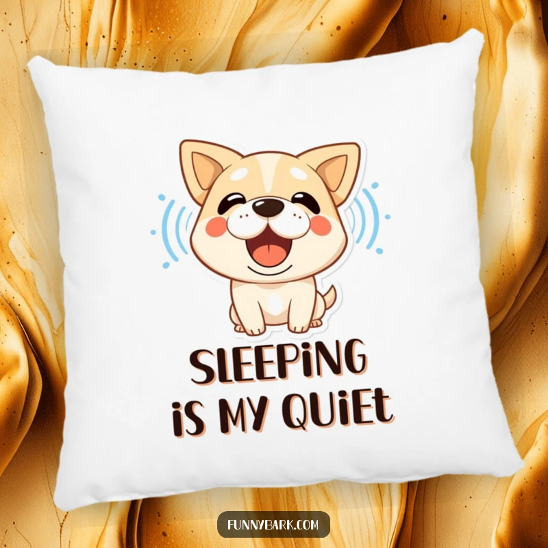 Funny dog pillow with a stylized character barking loudly, its sound waves visible, adding comedic comfort.