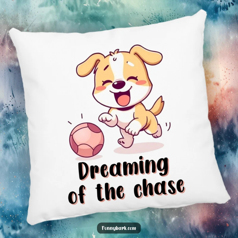 Funny dog's happy face and wagging tail as it chases a ball, depicted on a soft decorative pillow.