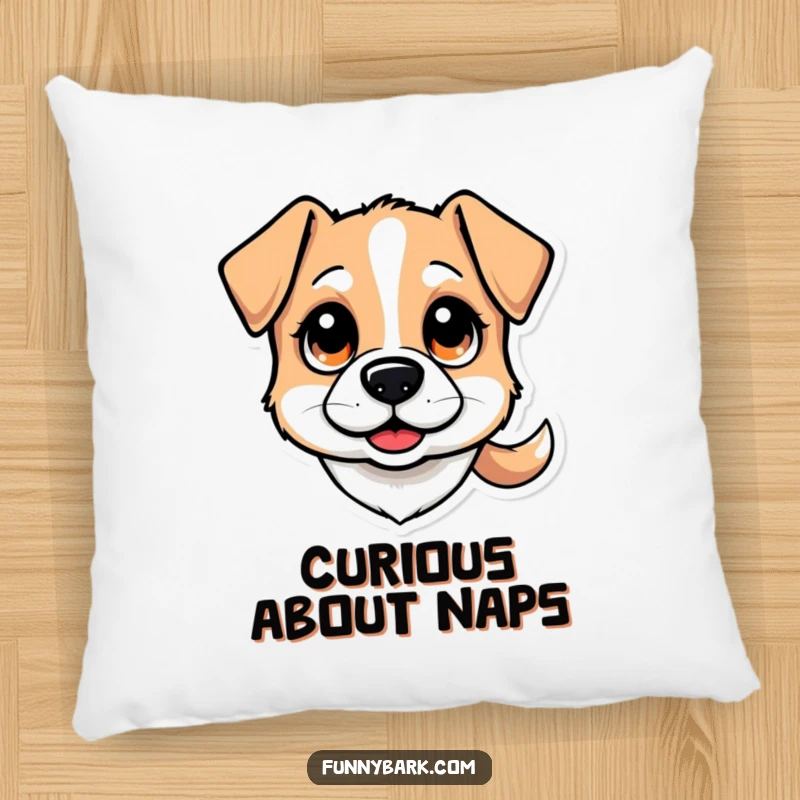 Funny pillow: A stylized dog head with wide, curious eyes and a wagging tail, bringing thoughtful charm and humor, a funny gift.