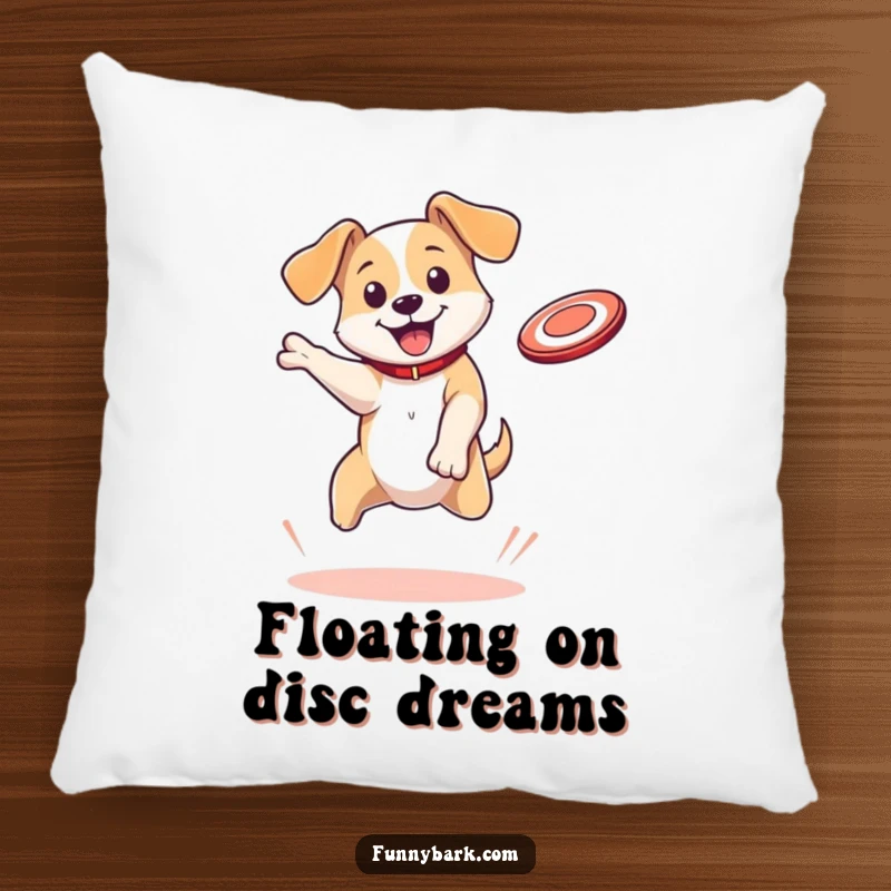 Funny Dog Pillow: A bouncing dog with floppy ears leaps to catch a flying disc, providing comfort and cartoonish athletic fun.