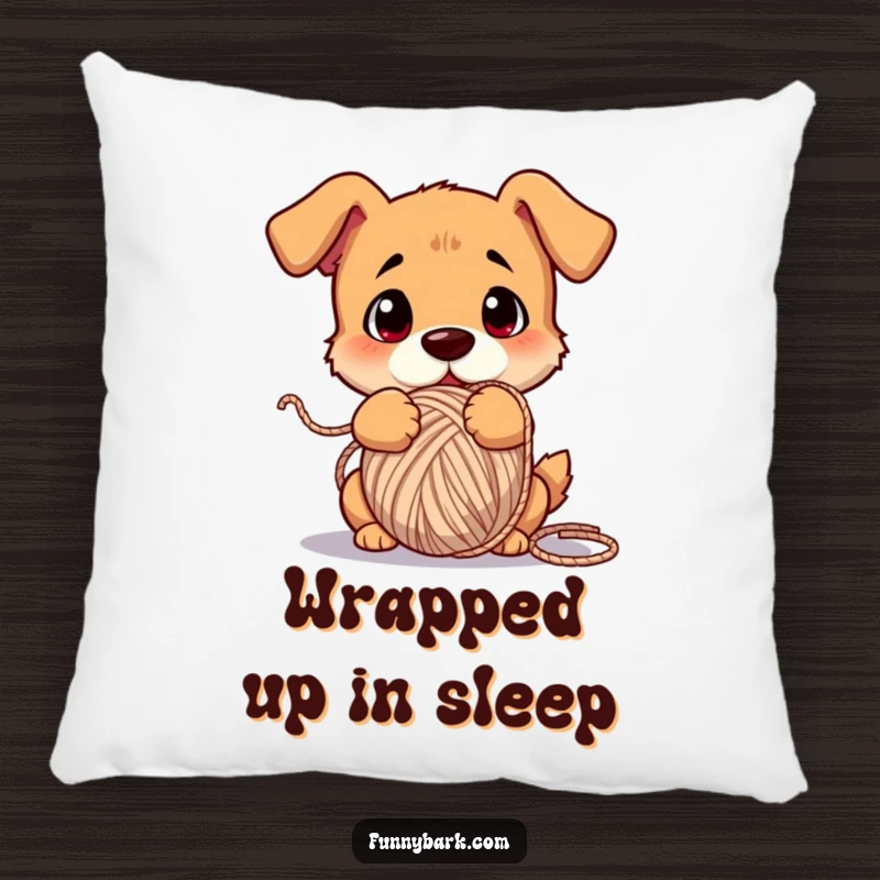 Funny dog pillow, comically tangled in yarn, confused expression, soft and cozy texture, home decor.