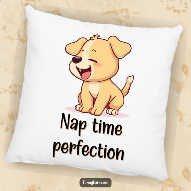 Funny pillow featuring a cartoon puppy with its tail wagging furiously and barking excitedly, perfect for adding comfort and cheer.