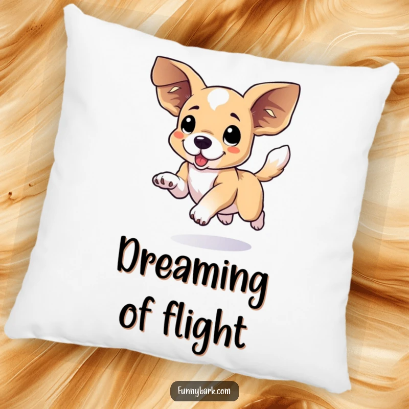 Funny floppy eared dog pillow featuring a dog captured mid-leap, large ears and tail conveying playful excitement.