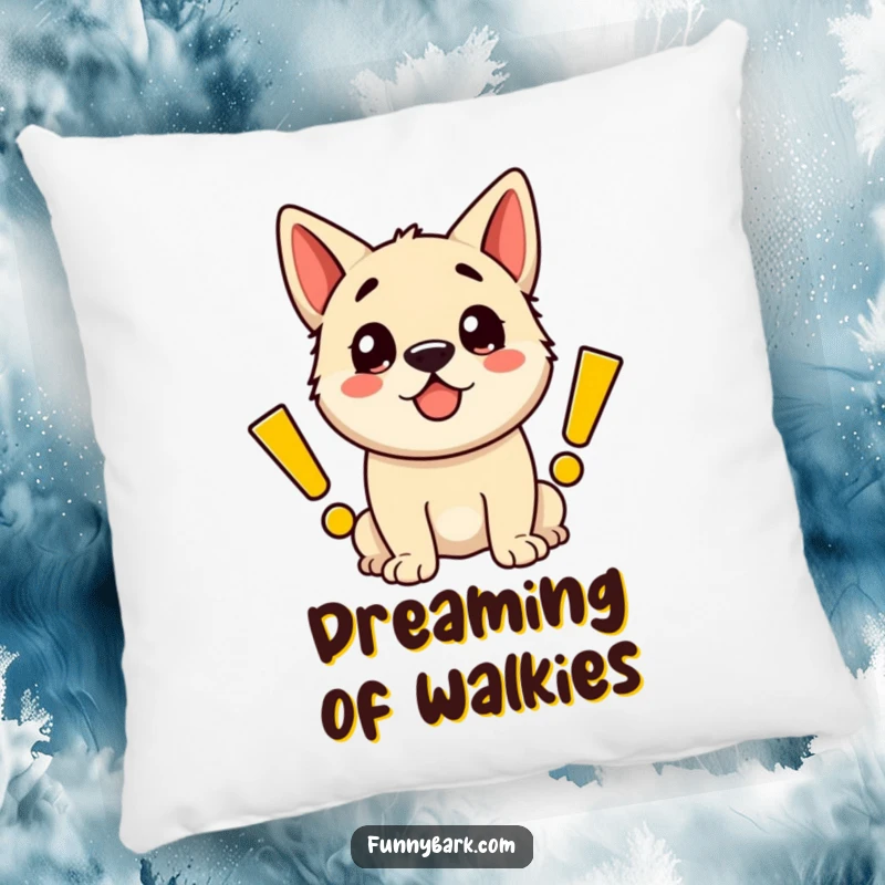 Funny pillow featuring a delighted dog exuding happiness with large, cartoon exclamation marks, perfect for comfort and cheer.