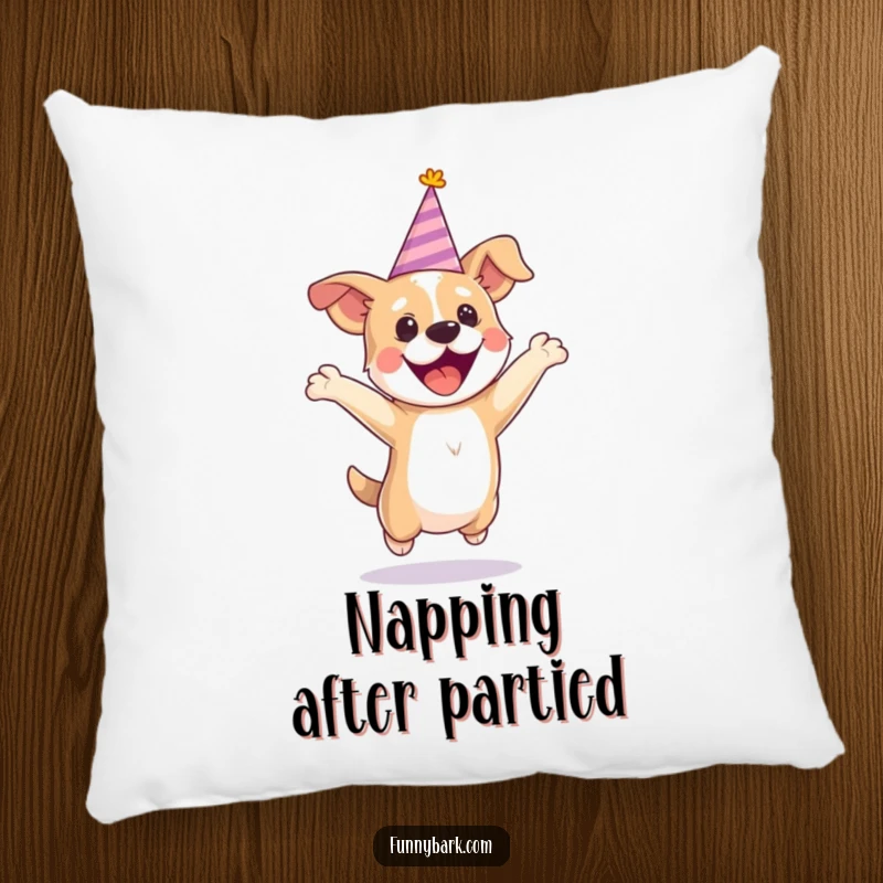 Funny party dog pillow with a tiny hat, showing a dog jumping with excitement, perfect for cozy festivities.
