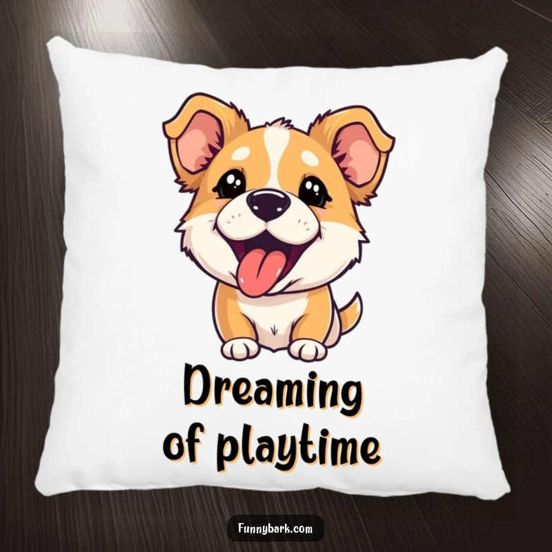 Funny pillow with a dog character, ears perked and tongue out, hilariously mid-playful bark, perfect for cozy humor.