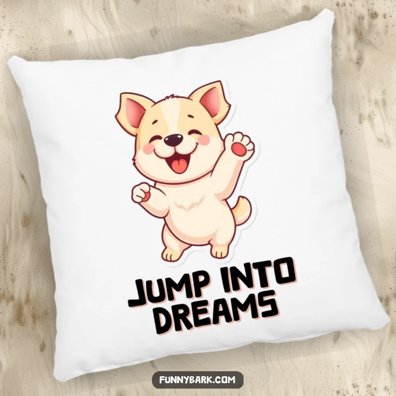 Funny pillow: A playful dog captured mid-jump with a paw raised, bringing energetic fun to your space, a funny gift.
